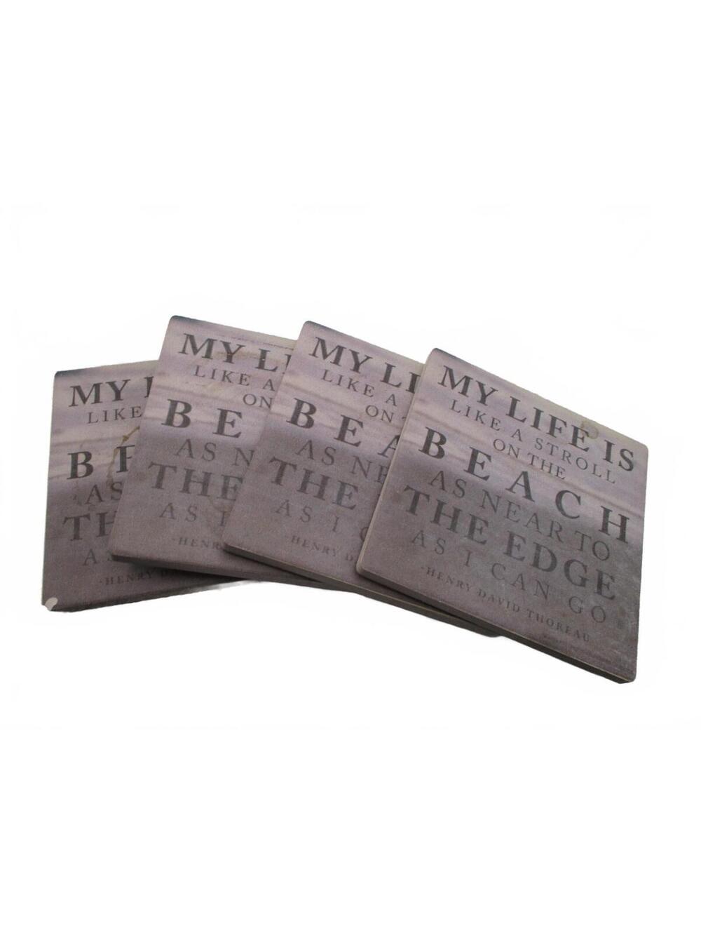 Vintage Tumbled Stone Beach Coasters Set of 4 Thoreau Quote 4.5x4.5